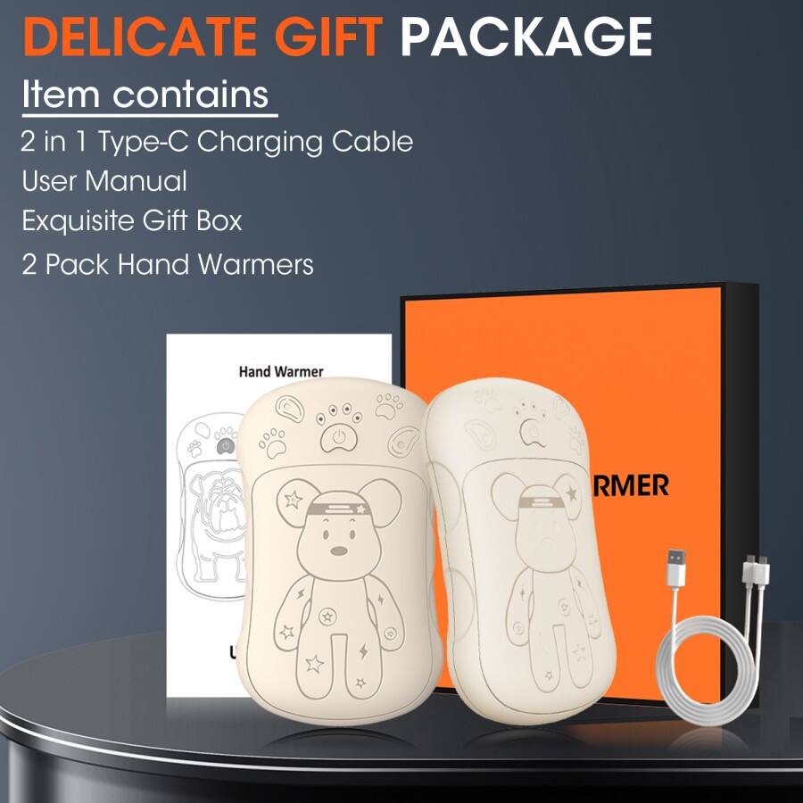 DELICATE GIFT PACKAGE

Item contains
2 in 1 Type-C Charging Cable
User Manual
Exquisite Gift Box
2 Pack Hand Warmers

Hand Warmer
RMER