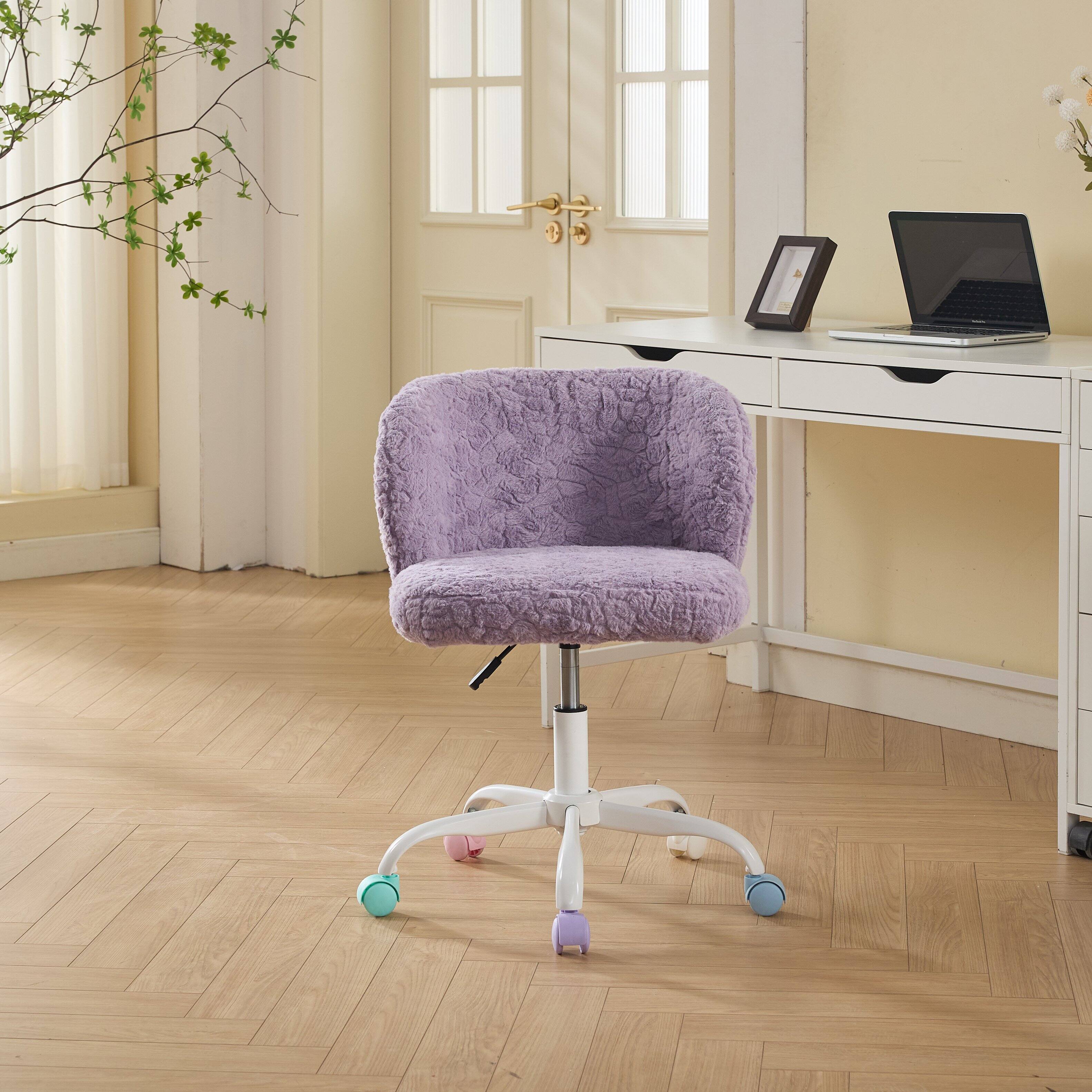 Back. Z-Edge - Armless Office Desk Chair, Small Vanity Chair with Wheels, 360 Degree Swivel, Height Adjustable for Bedroom - Purple.