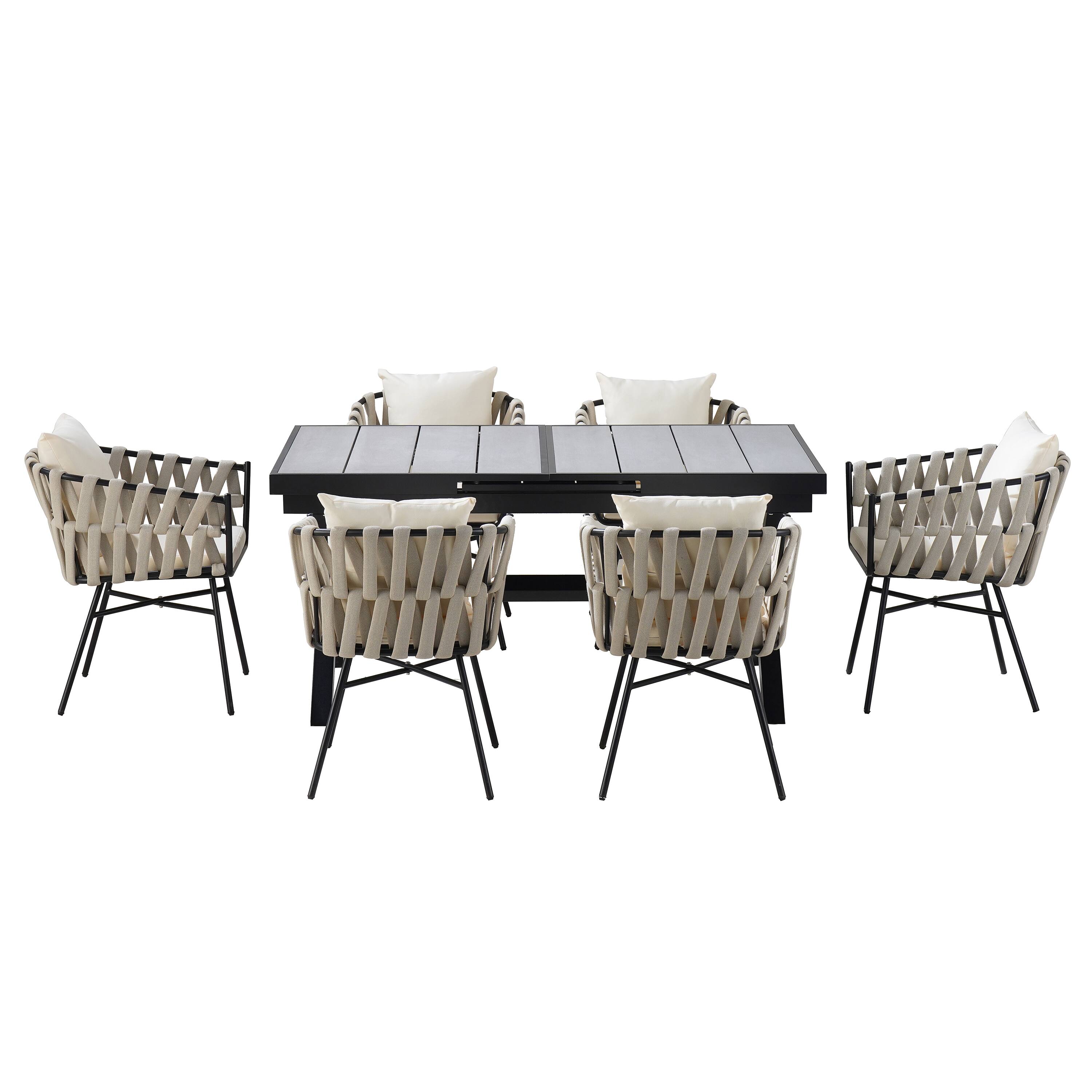 Alt View 1. APRILSOUL - U Style 6 Polyester Woven Tape Chairs Expandable Table 629 To 826 Inches Alfresco Dining - Beige,Gray.
