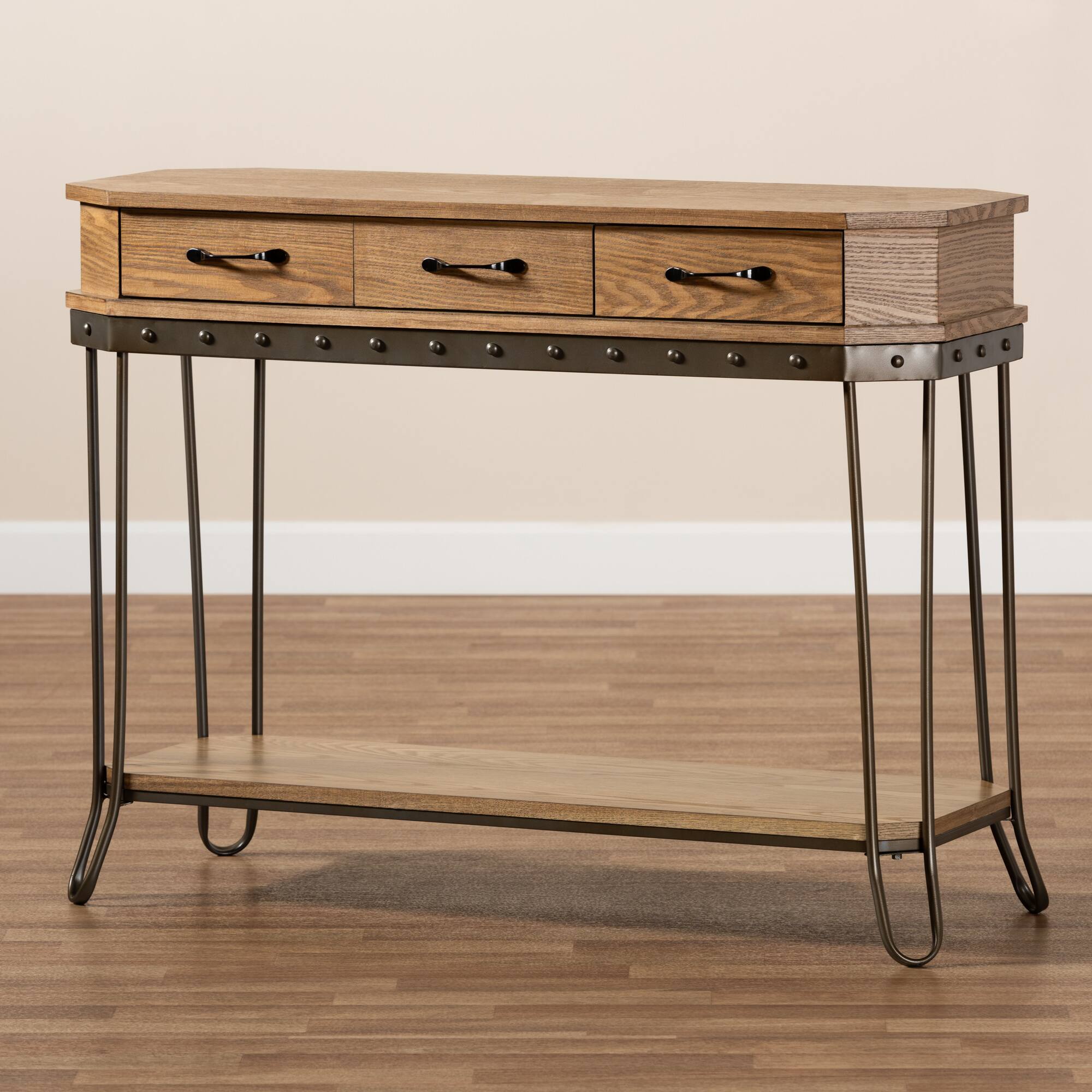 Alt View 5. Baxton Studio - Kellyn Vintage Rustic Industrial Finished Wood and Finished Metal 3-Drawer Console Table  - Oak Brown/Black.