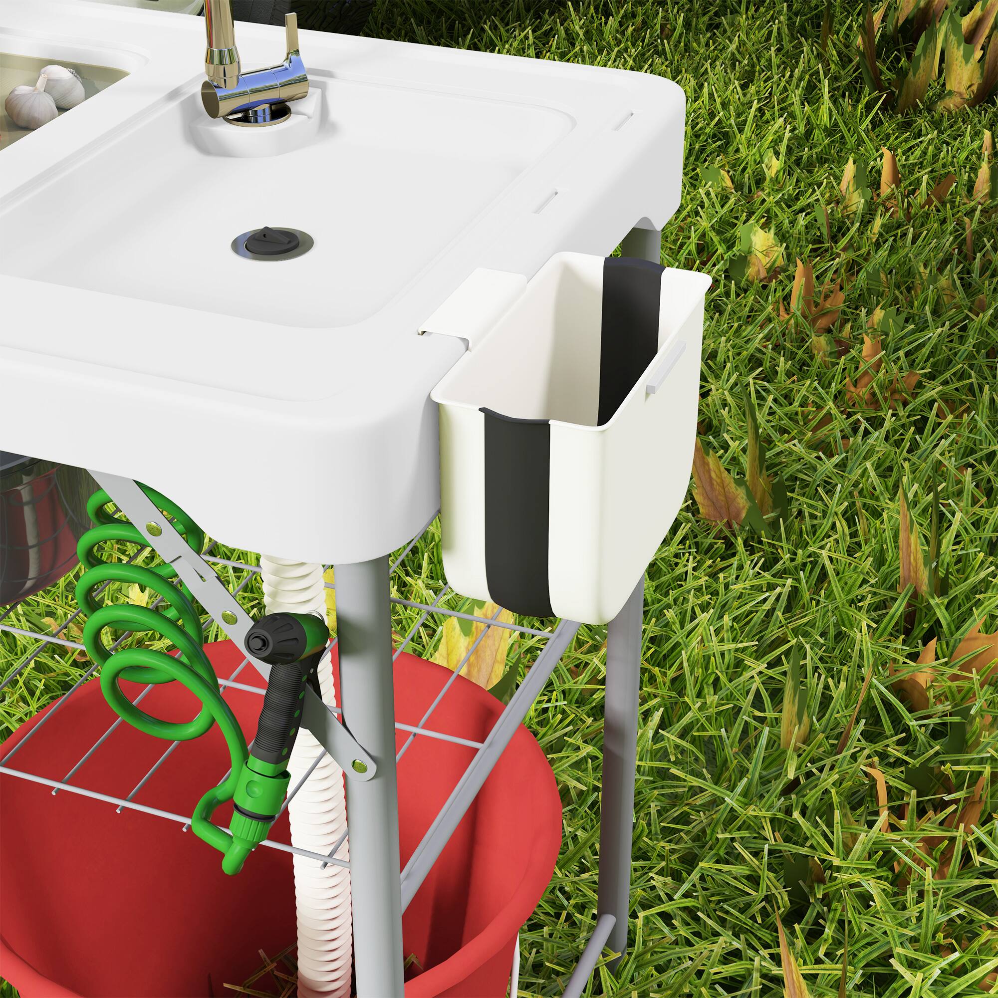 Alt View 8. Outsunny - Folding Fish Cleaning Table with Sinks, Portable Camping Sink Table with Faucet, Drainage Hose, Sprayer, Shelf - White.