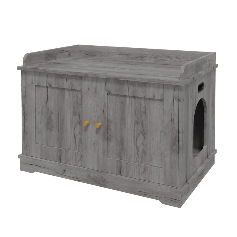 GARVEE - Modern Wooden Hidden Cat Litter Box Enclosure w/Barn Doors - Ventilated Large Capacity Pet House & Storage Bench - Gray