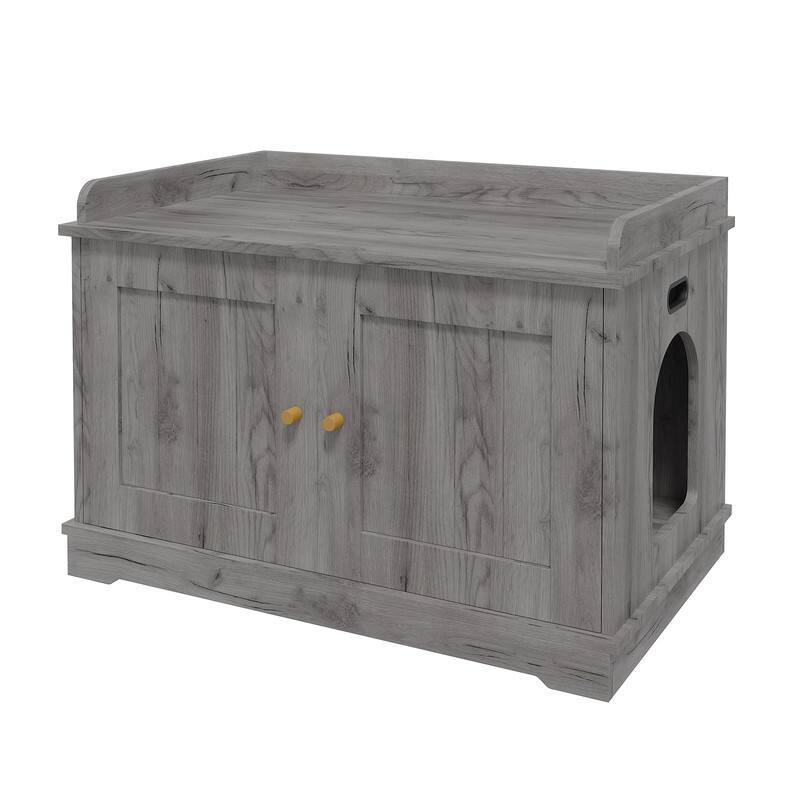 GARVEE - Modern Wooden Hidden Cat Litter Box Enclosure w/Barn Doors - Ventilated Large Capacity Pet House & Storage Bench - Gray