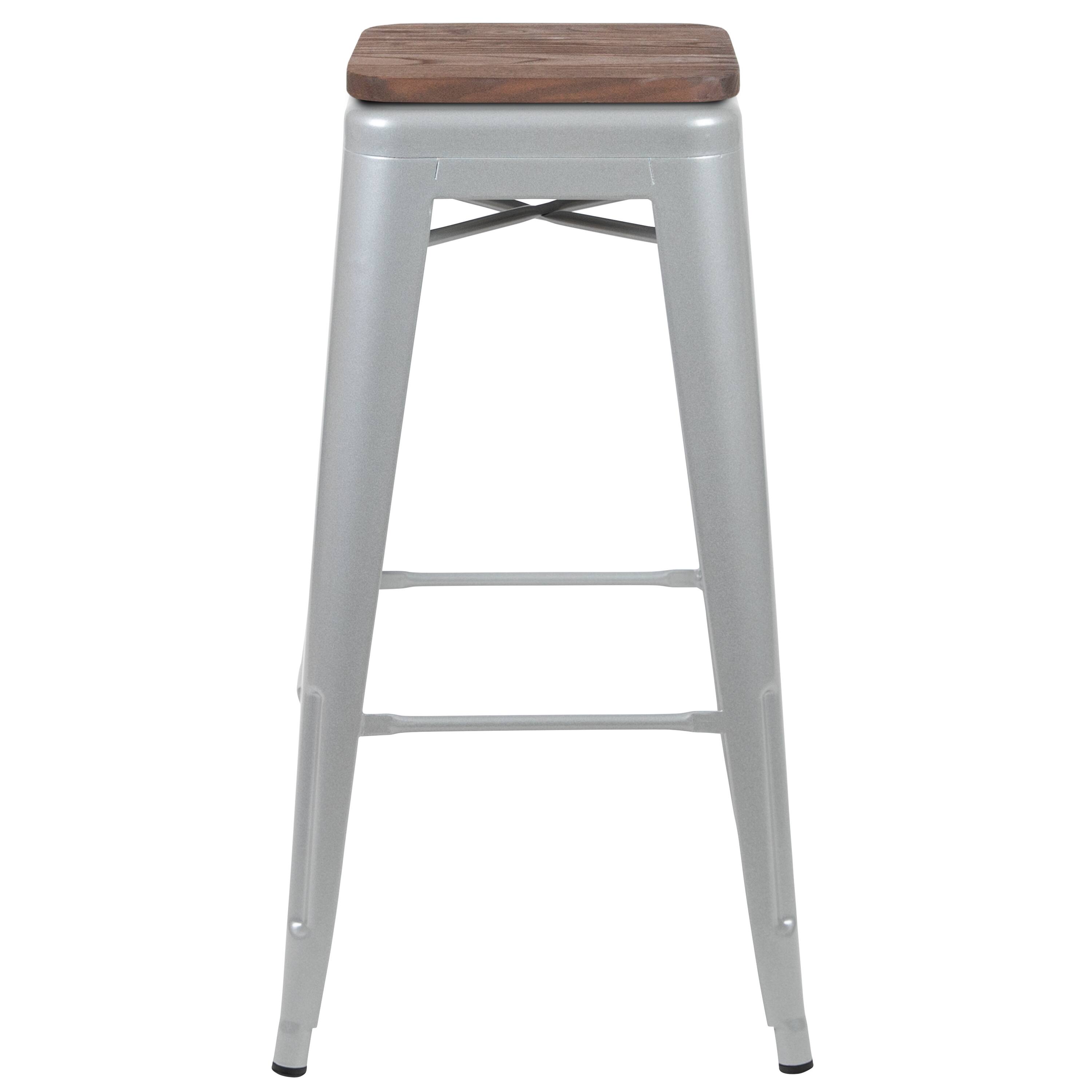 Alt View 6. Emma + Oliver - 30" High Metal Indoor Bar Stool with Wood Seat - Stackable Set of 4 - Silver.