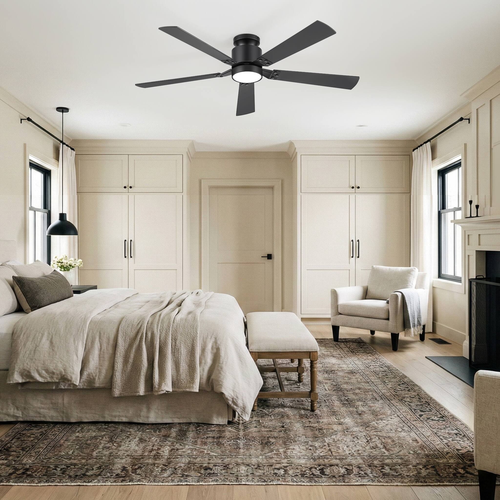 Back. Breezary - 52-Inch Modern Ceiling Fan with Acrylic Light Shade, RGB LED Light, 6-Speed Remote, Timer, Flush Mount - Black and Walnut.
