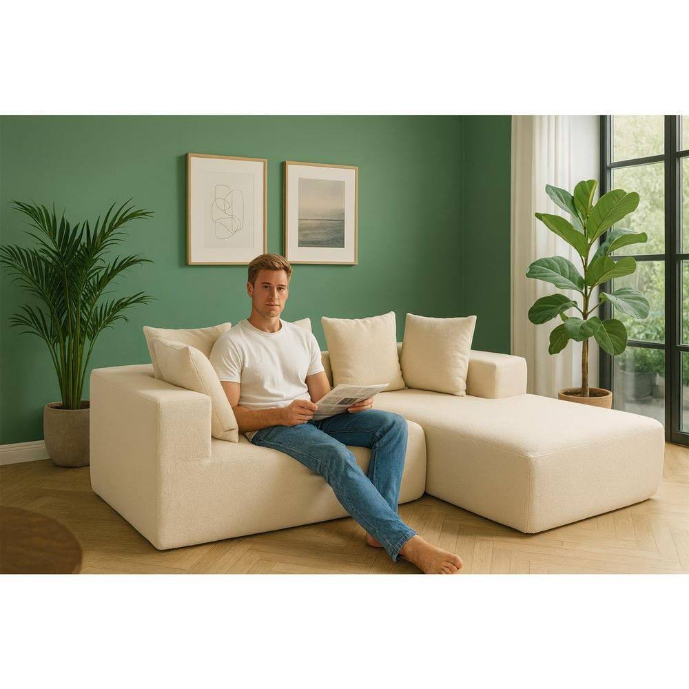 Left. Kadyn - L-Shaped Full Foam Sectional Sofa, 5 Pillows, Compressed Shipping, Flannelette, Space Saving Design, Beige - Beige.