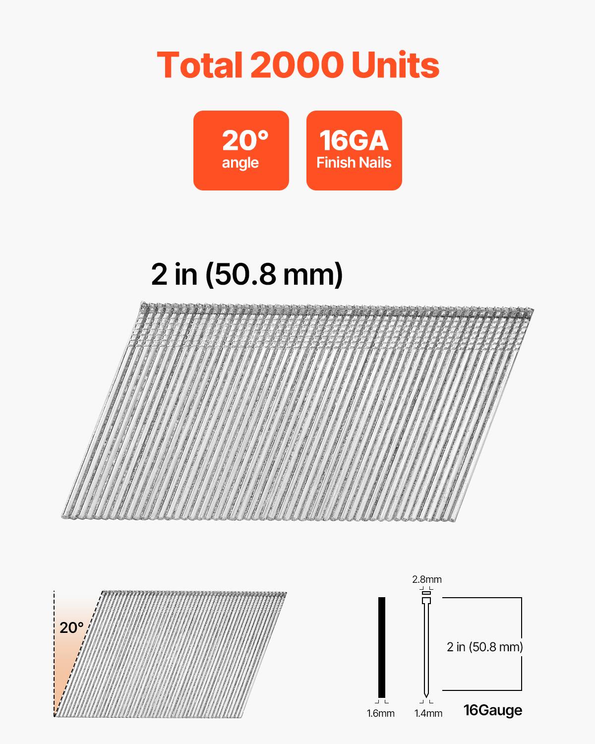 Total 2000 Units  
20° angle  
16GA Finish Nails  
2 in (50.8 mm)  
2.8mm  
1.6mm  
1.4mm  
16Gauge