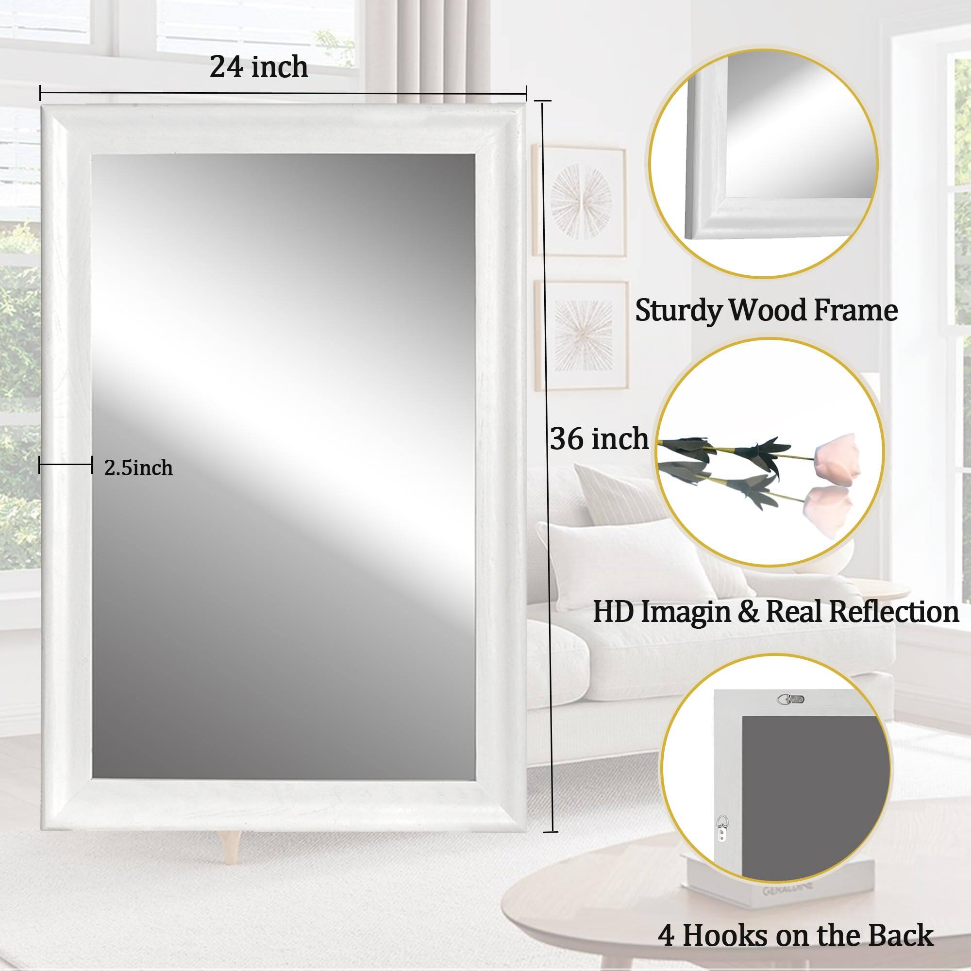 24 inch Sturdy Wood Frame  
2.5 inch  
36 inch HD Imagin & Real Reflection  
4 Hooks on the Back