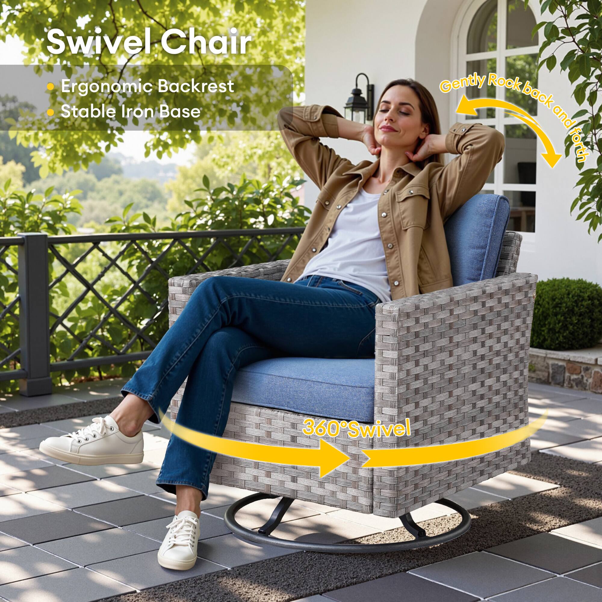 Swivel Chair  
Ergonomic Backrest  
Stable Iron Base  
Gently Rock back and forth  
360° Swivel