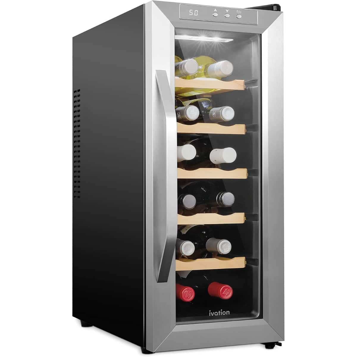 Ivation - 12 Bottle Wine Fridge Freestanding Wine Cooler Refrigerator with Glass Door - Stainless Steel
