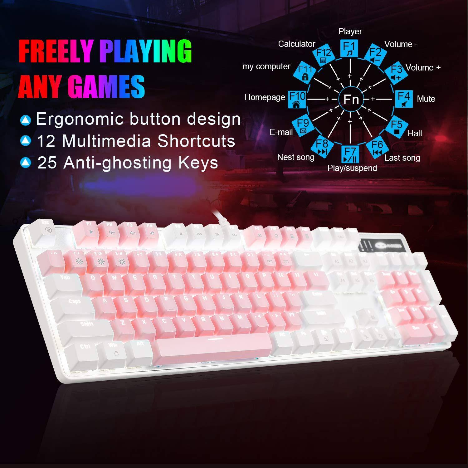 FREELY PLAYING ANY GAMES

- Ergonomic button design
- 12 Multimedia Shortcuts
- 25 Anti-ghosting Keys

Player Calculator F1 Volume - F12
my computer F11 F2
Homepage F10 F3 Volume +
E-mail F9 F4 Mute
Nest song F8 F5 Halt
Last song F7 F6 Play/suspend

Fn

1 2 3 4 5 6 7 8 9 0
Q W E R T Y U I O P
A S D F G H J K L
Z X C V B N M
Caps Shift Ctrl Alt