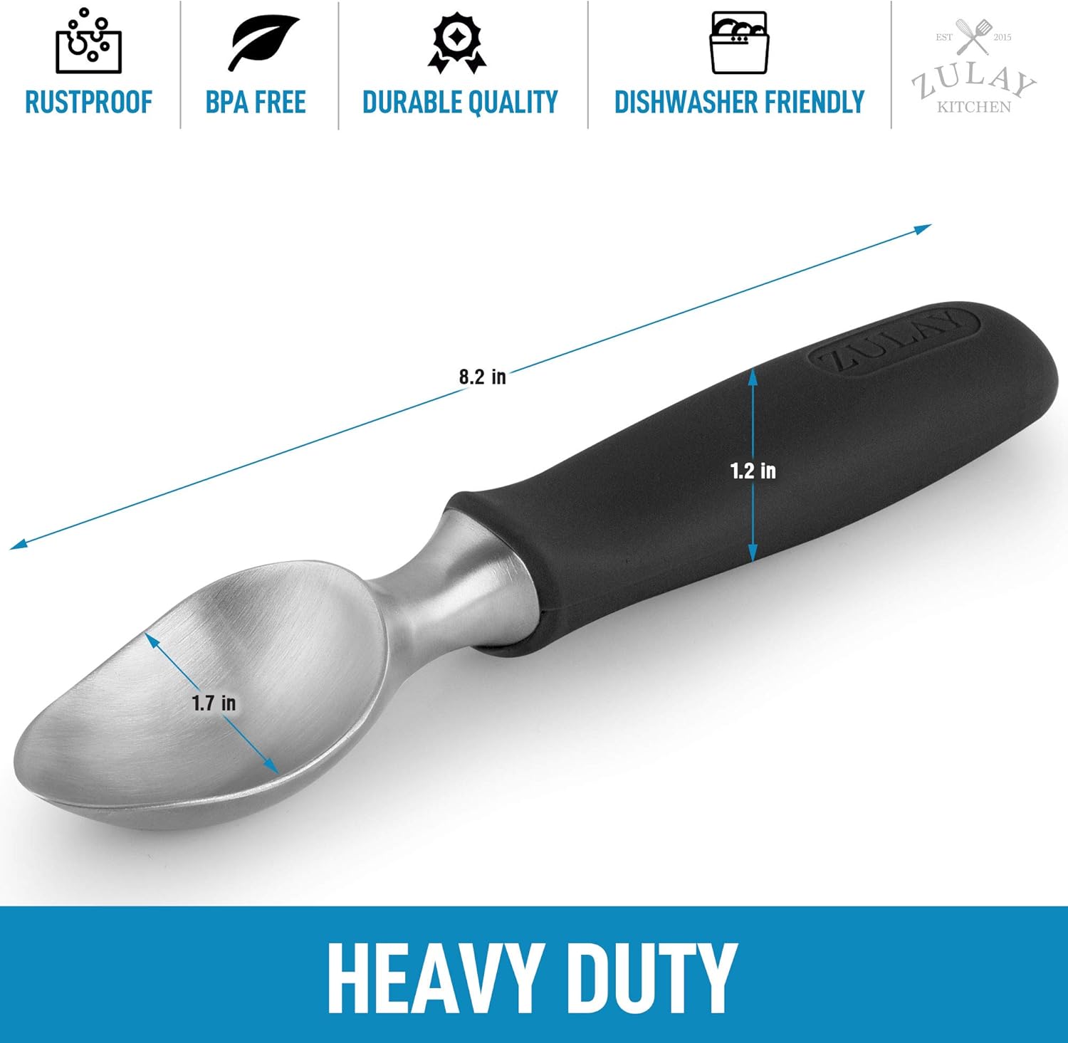 RUSTPROOF  
BPA FREE  
DURABLE QUALITY  
DISHWASHER FRIENDLY  

ZULAY KITCHEN  

8.2 in  
1.7 in  
1.2 in  

HEAVY DUTY
