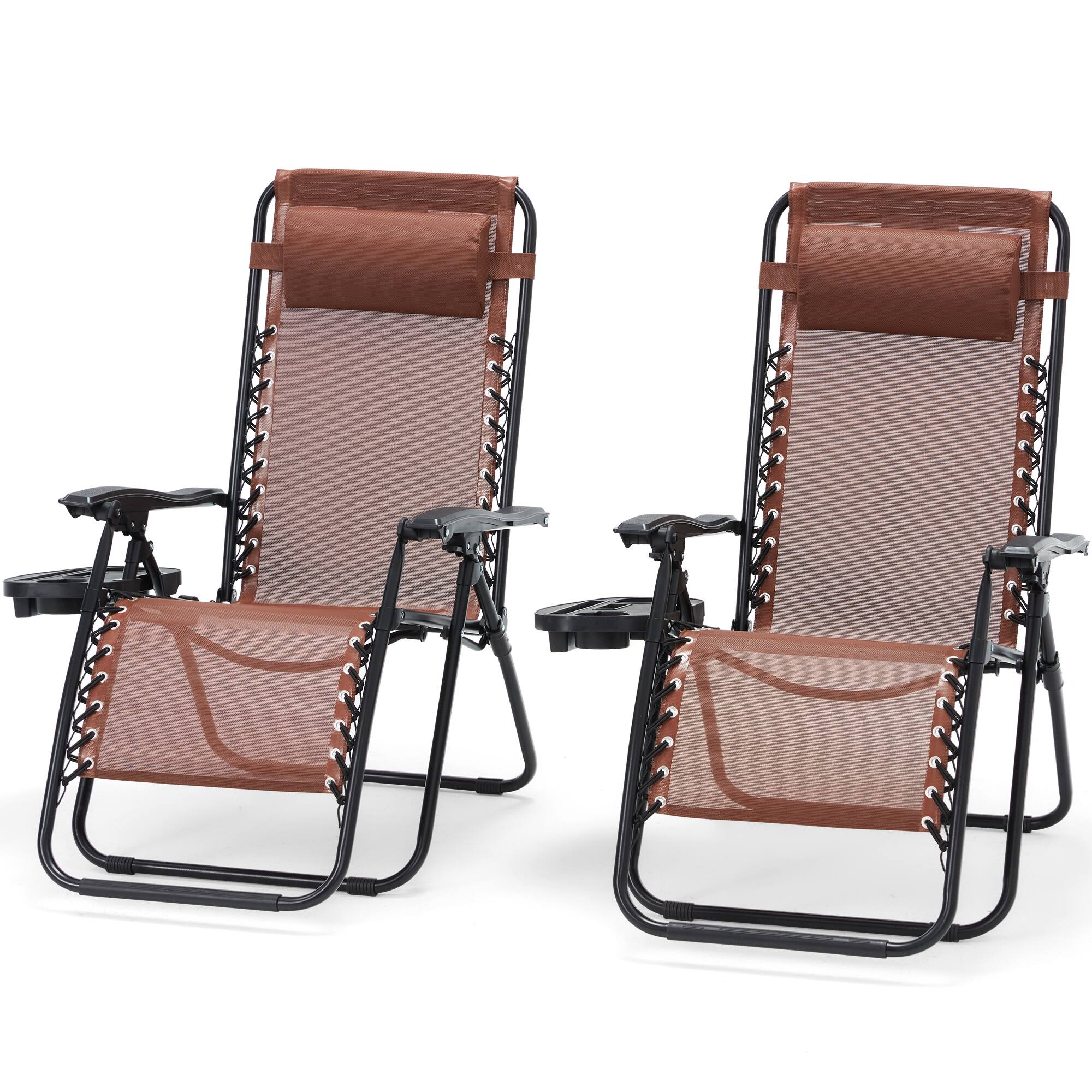 U-HOMY - Zero Gravity Reclining Lounge Chair Set of 2 Outdoor Folding Recliners with Cup Holder and Weather Resistant Fabric - Brown