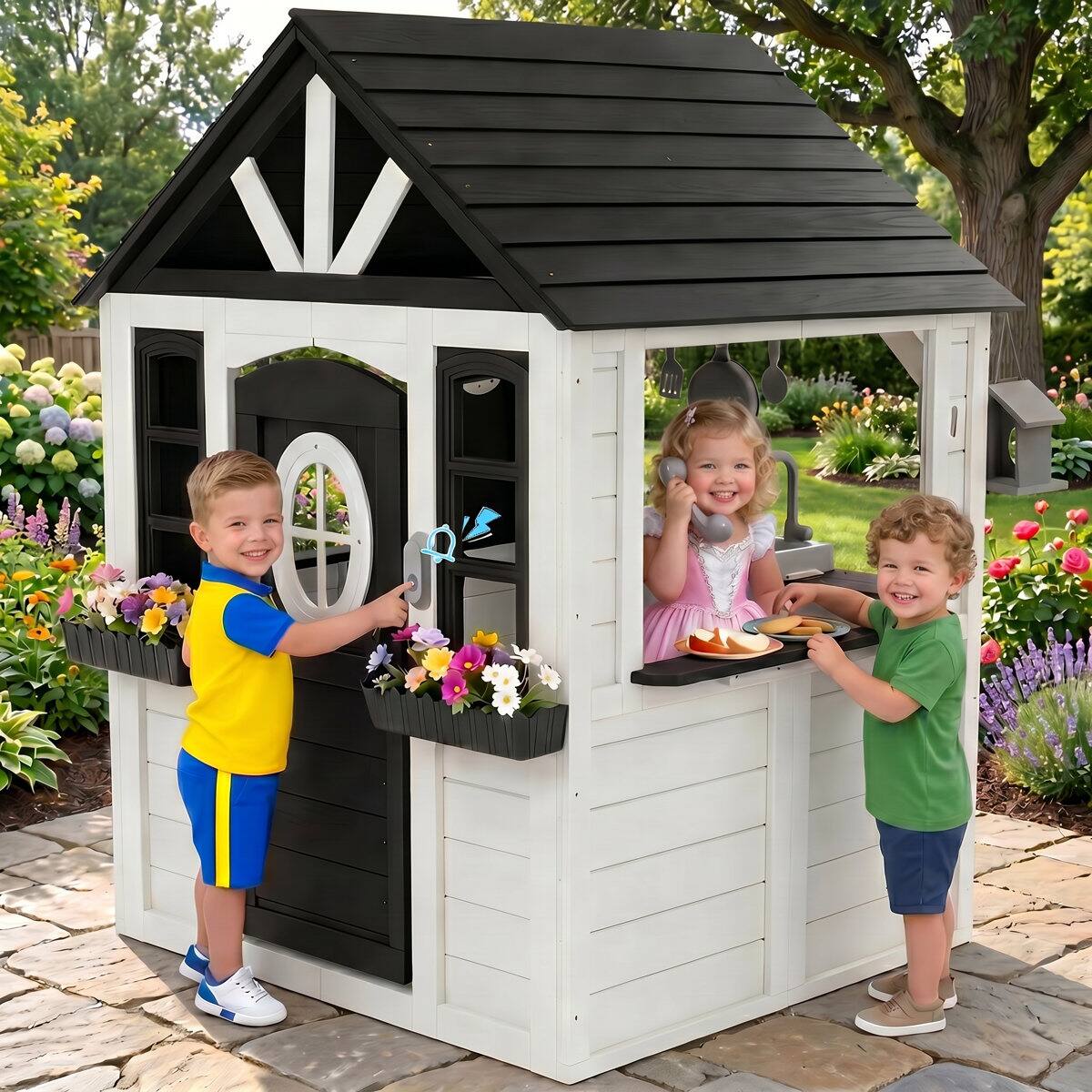 Angle. Wisairt - Wooden Kids Outdoor Playhouse with Play Kitchen, Working Doorbell and Bird Cage - Black,White.