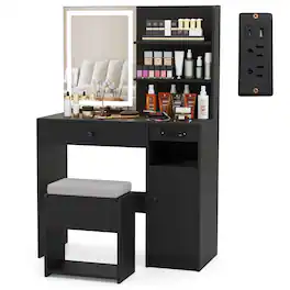 Costway - Vanity Desk Set with Mirror & Lights Power Outlet Cushioned Stool Drawer & Shelves - Black