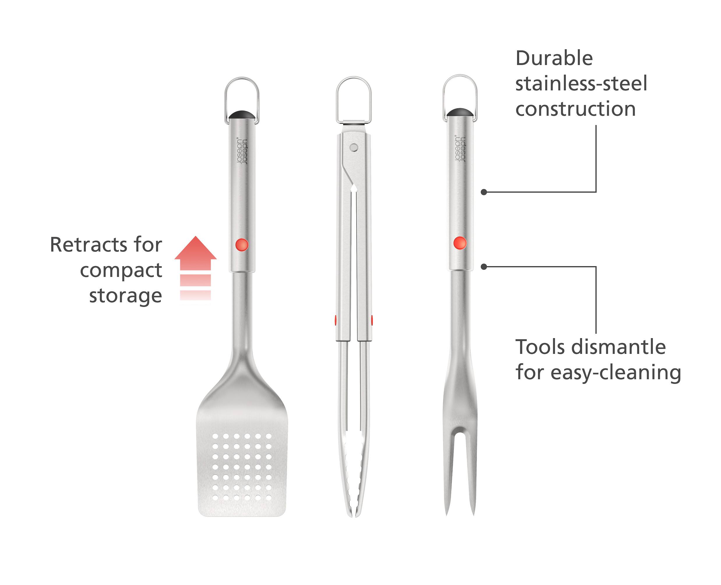 Durable stainless-steel construction  
Retracts for compact storage  
Tools dismantle for easy-cleaning