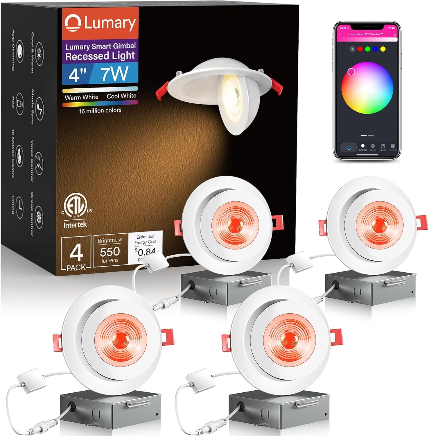 "Lumary - 4"" Smart Recessed Lighting, 355°+90° Adjustable Gimbal light, Work with Alexa/Google Assistant 4 Pack - White" price history on PriceWatchPro