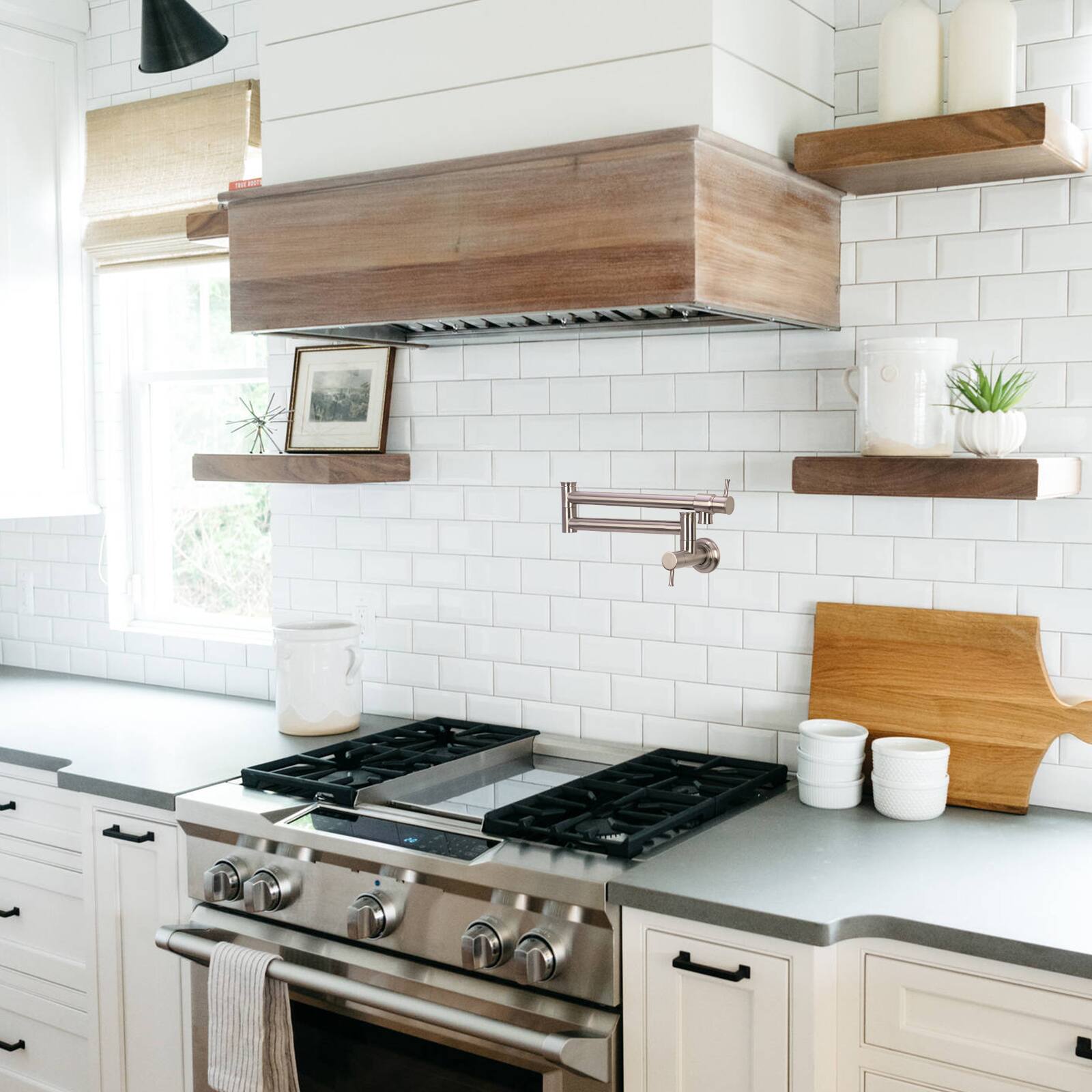 Alt View 5. Akicon - Akicon Solid Brass Wall-Mounted Pot Filler Kitchen Faucet with Double Joint Swing Arms for Stovetop in Brushed Nickel - Brushed Nickel.