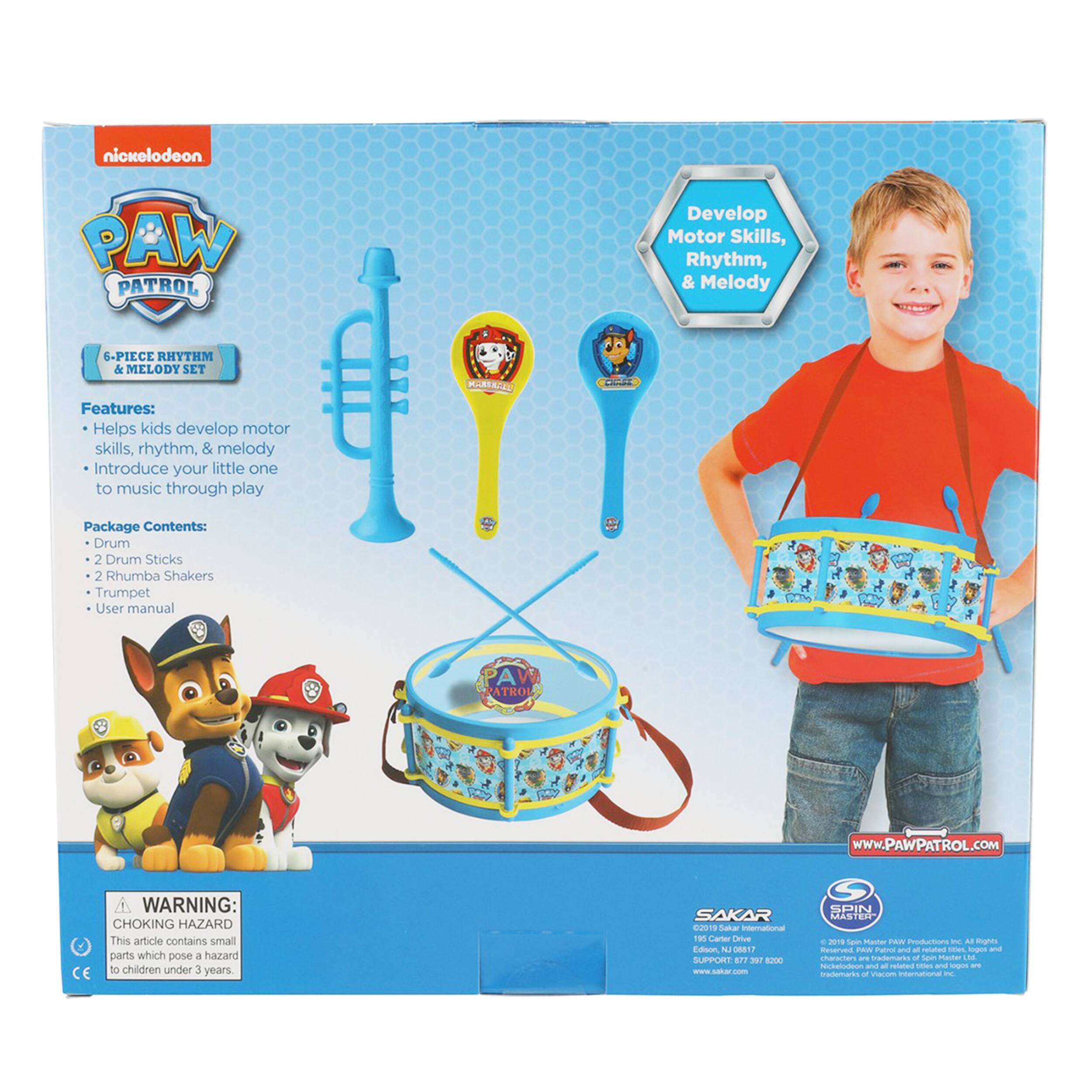nickelodeon PAW PATROL Develop Motor Skills, Rhythm, & Melody 6-PIECE RHYTHM & MELODY SET Features: Helps kids develop motor skills, rhythm, & melody Introduce your little one to music through play MIRIASEE Package Contents: Drum 2 Drum Sticks 2 Rhumba Shakers Trumpet User manual AW ATROL www.PAWPATROL.COM WARNING: CHOKING HAZARD This article contains small parts which pose a hazard CE to children under 3 years. SAKAR