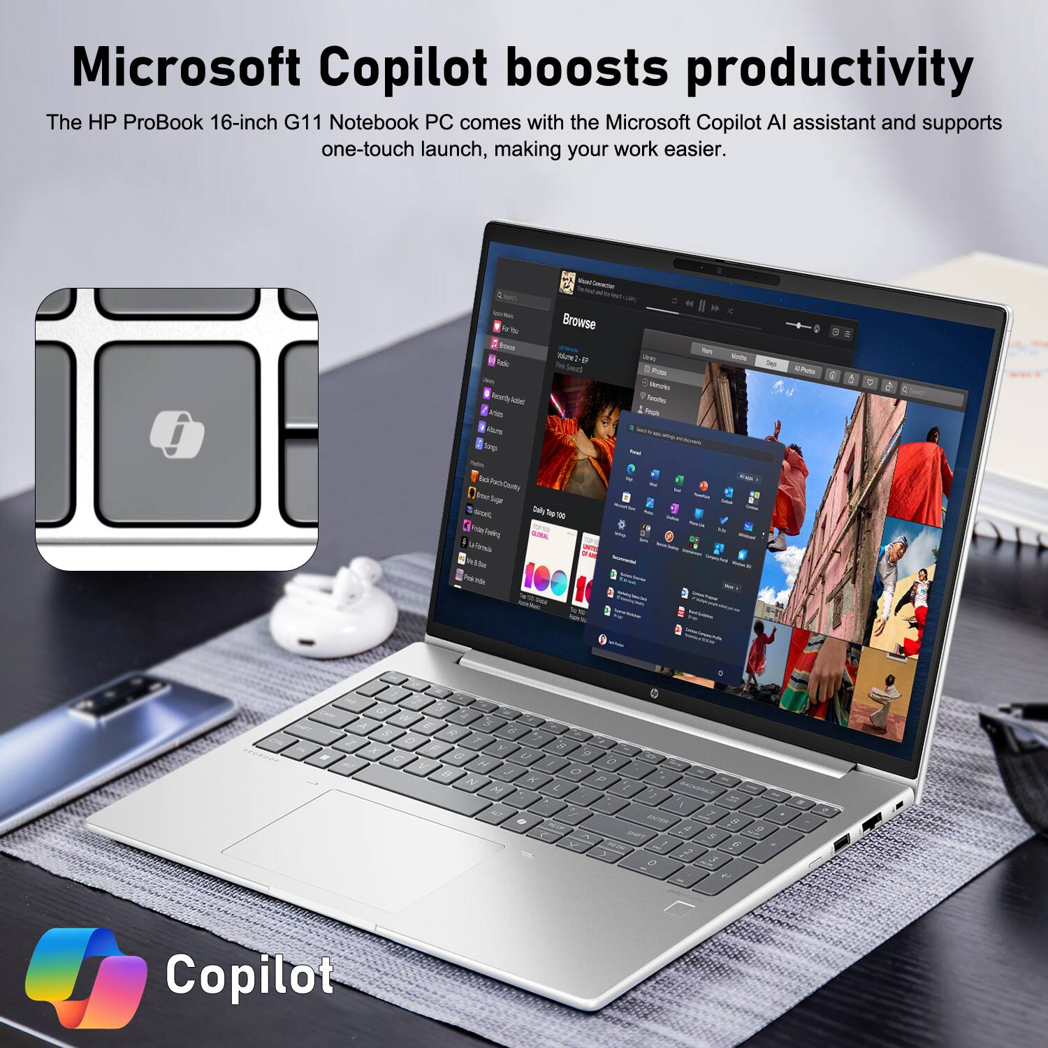 Microsoft Copilot boosts productivity

The HP ProBook 16-inch G11 Notebook PC comes with the Microsoft Copilot AI assistant and supports one-touch launch, making your work easier.