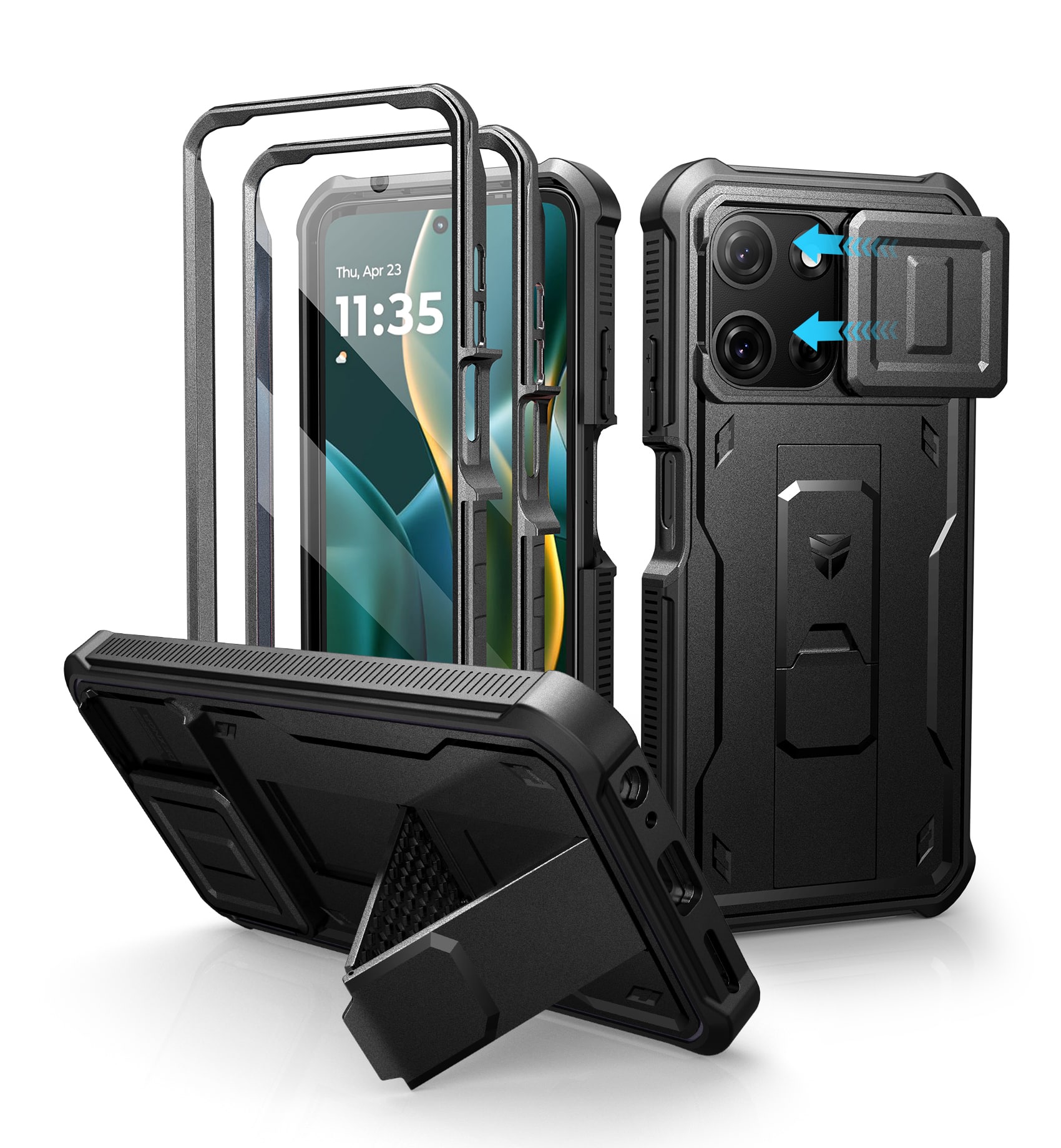 Dexnor - Heavy Duty Shockproof Case for Motorola Moto-G 2025 Case with 2 Front Frame Magnetic Slide Camera Cover Screen Protector - Black