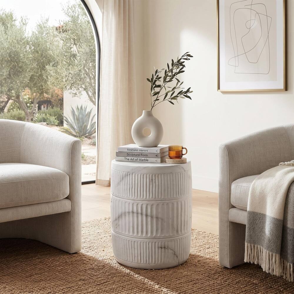 LeisureMod Perta Fluted Stone Top Round Side Table, Finish, Indoor ...