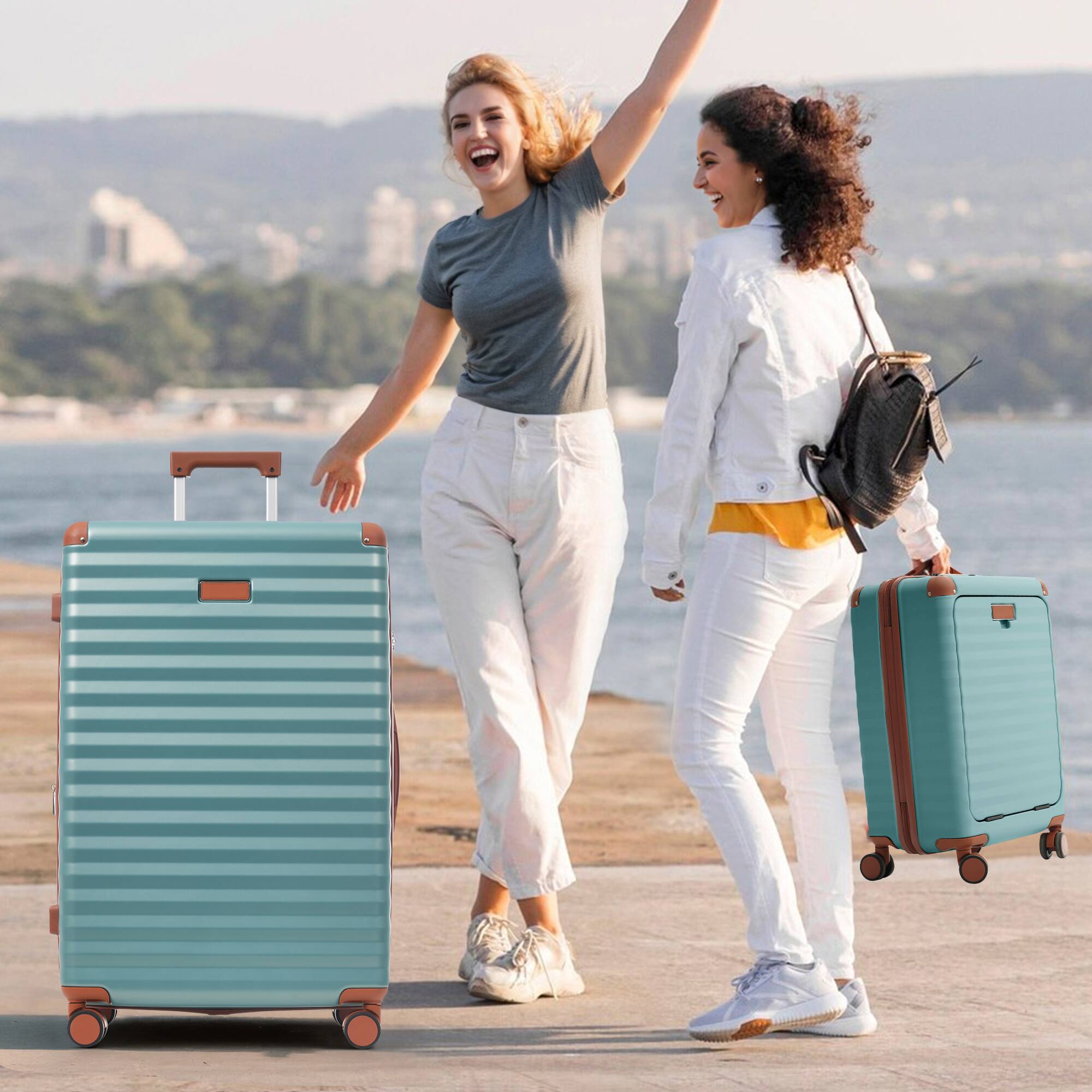 Alt View 8. Ecooso - 5-Piece Expandable ABS Spinner Luggage Set with TSA Lock, USB Port Carry-On, Cup Holder, Duffel, and Toiletry Bag - Antique blue green.