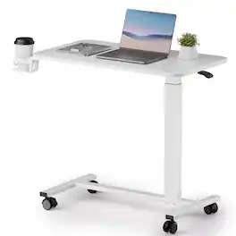 GTPlayer - Pneumatic Mobile Standing Laptop Desk with Lockable Wheels 32 IN W x 18 IN D Adjustable Overbed Bedside Table - White