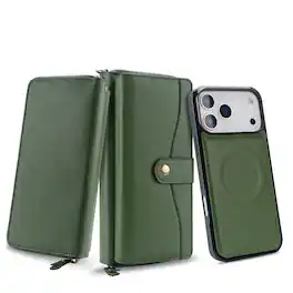 Dteck - RFID Leather Wallet Phone Case for Apple iPhone 18 Pro Max, Magnetic Detachable Card Holder Cover with Wrist Strap - Green