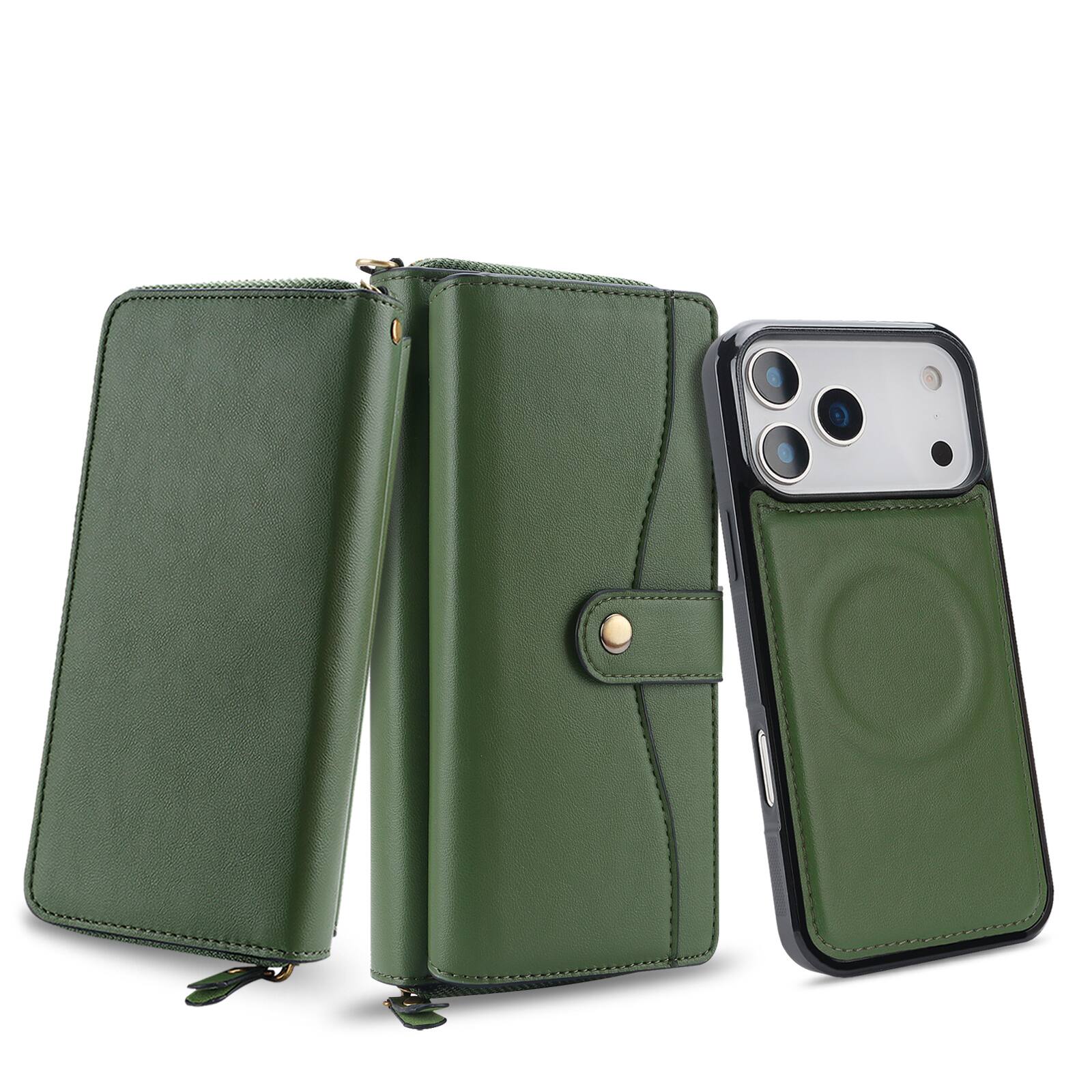 Front. Dteck - RFID Leather Wallet Phone Case for Apple iPhone 18 Pro Max, Magnetic Detachable Card Holder Cover with Wrist Strap - Green.