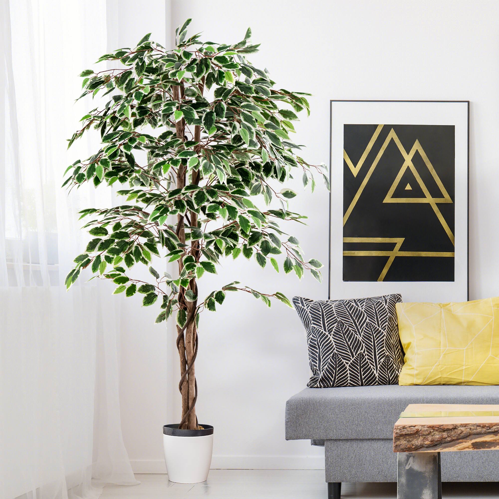 Alt View 3. Gymax - Gymax Artificial Ficus Tree Tall Faux Indoor Plant w/ 1008 Leaves Natural Wood Trunk - Green.