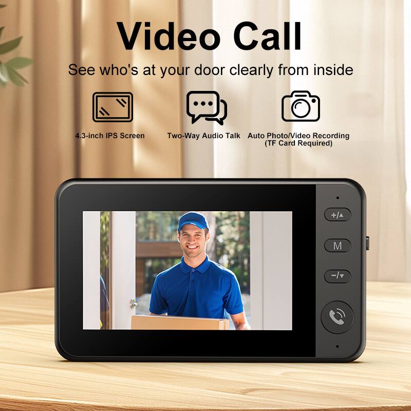 Video Call  
See who's at your door clearly from inside

- 4.3-inch IPS Screen
- Two-Way Audio Talk
- Auto Photo/Video Recording (TF Card Required)