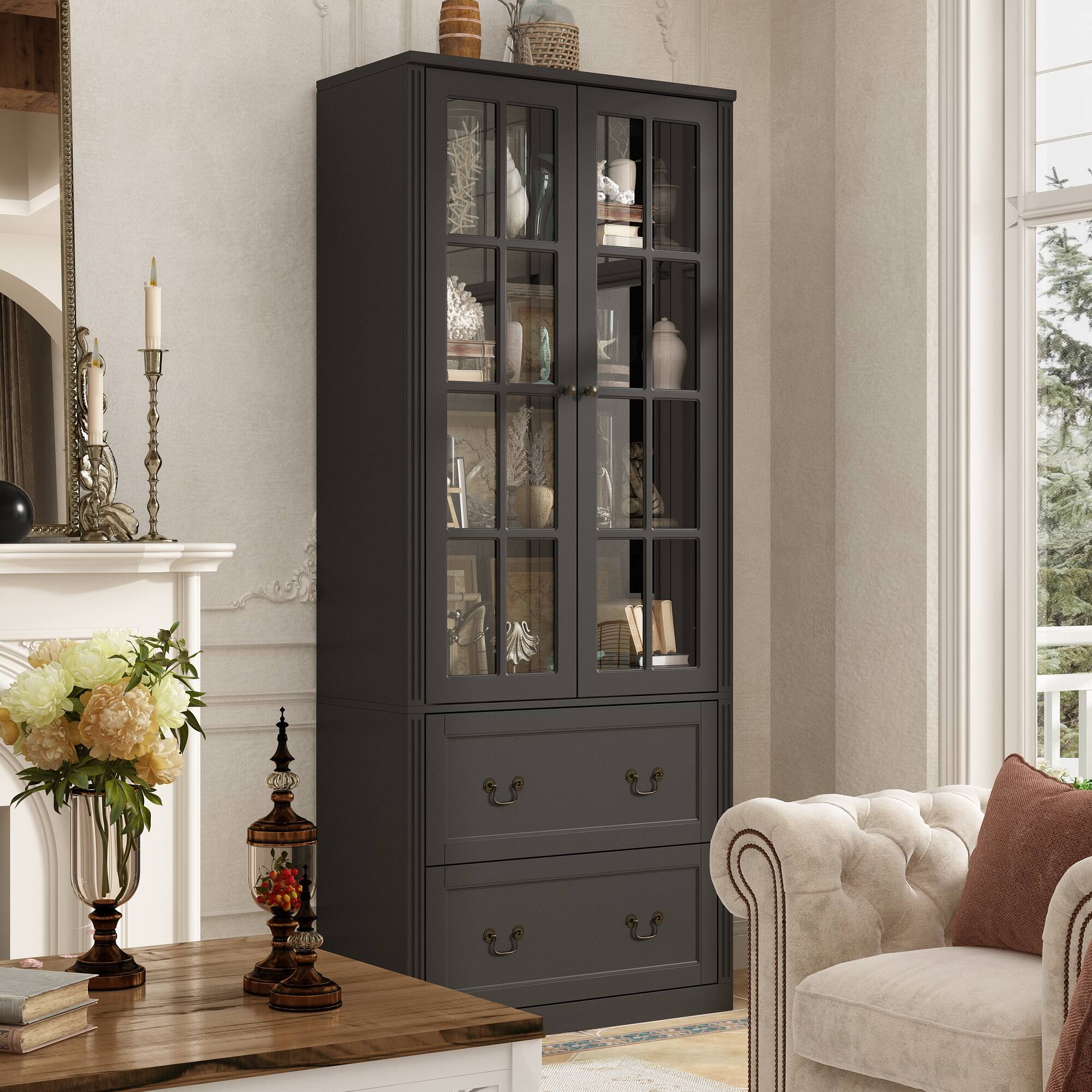 Alt View 9. Famapy - Famapy Nordic - Style Display Cabinet - Glass Doors + Brass Handles, Perfect for Book & Collection Display - Black.