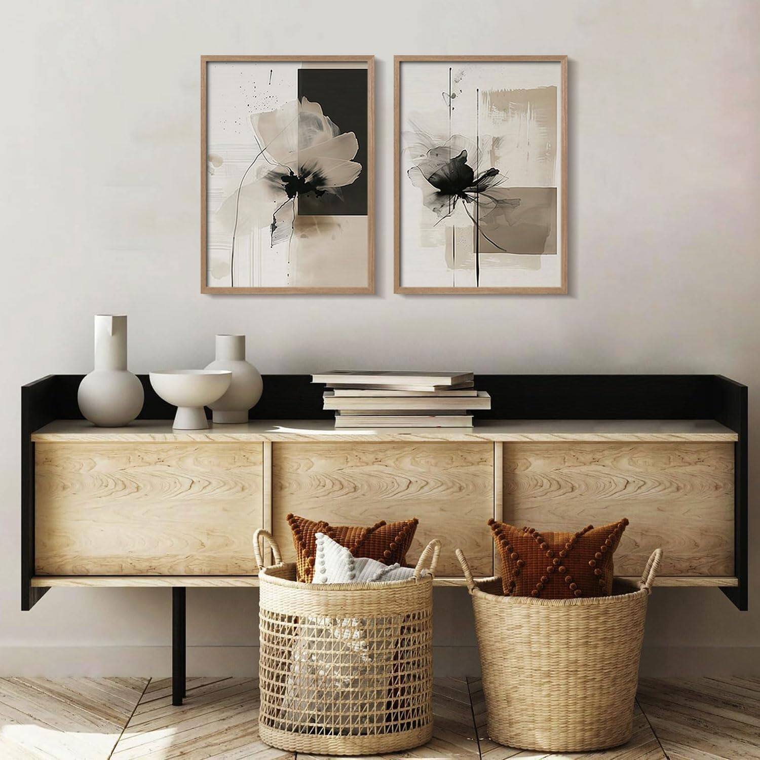 Alt View 1. Fabibe - Framed Black and White Flower Abstract Wall Art Modern Neutral Canvas Prints Posters Pictures Gallery Wall Decor Living - Blue 16"L x 12"W.