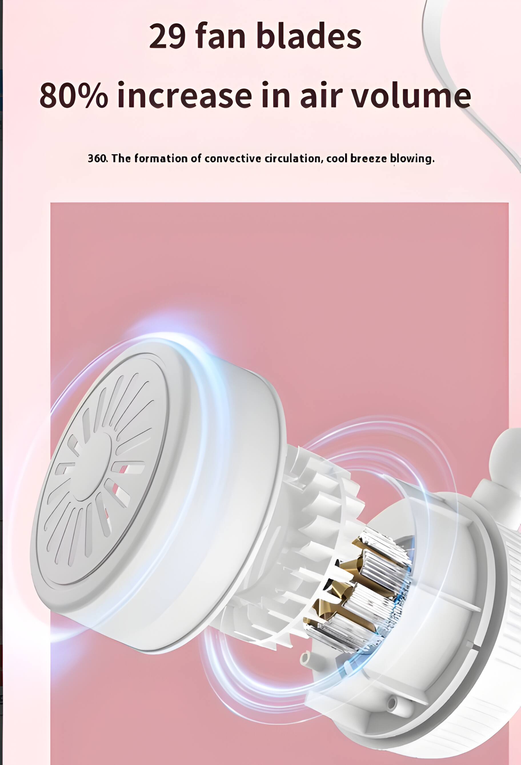 29 fan blades  
80% increase in air volume  
360°. The formation of convective circulation, cool breeze blowing.