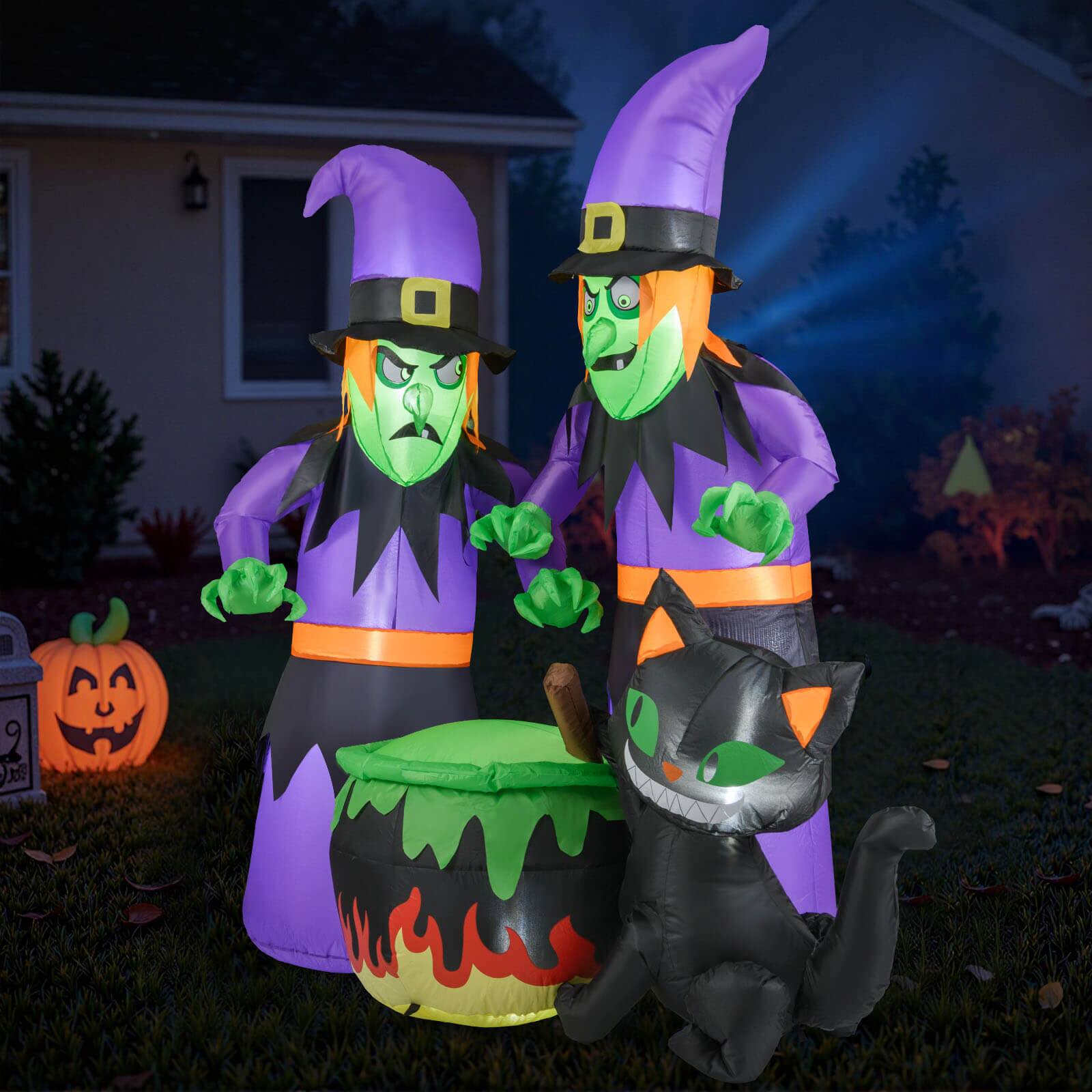 Alt View 4. Costway - Costway 6 Ft Inflatable Halloween Witches Blow up 2 Scary Witch with Cauldron & Black Cat - Multicolor.