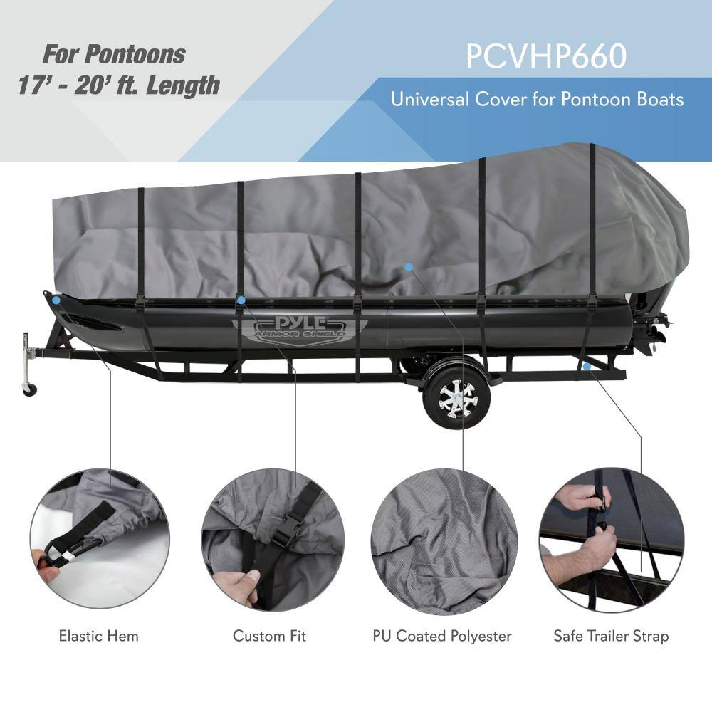 For Pontoon Boats  
17' - 20' ft. Length  

PCVHP660  
Universal Cover for Pontoon Boats  

- Elastic Hem  
- Custom Fit  
- PU Coated Polyester  
- Safe Trailer Strap