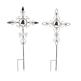 Things2Die4 - Set of 2 Aged Finished Scroll Design Metal Garden Stakes With Wind Bells - Copper