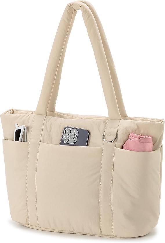 Front. Vulpecula Spade - Multi Pocket Tote Bag for Women, Large Puffy Shoulder Purse Handbag with Compartments for Travel,Work - Nude.