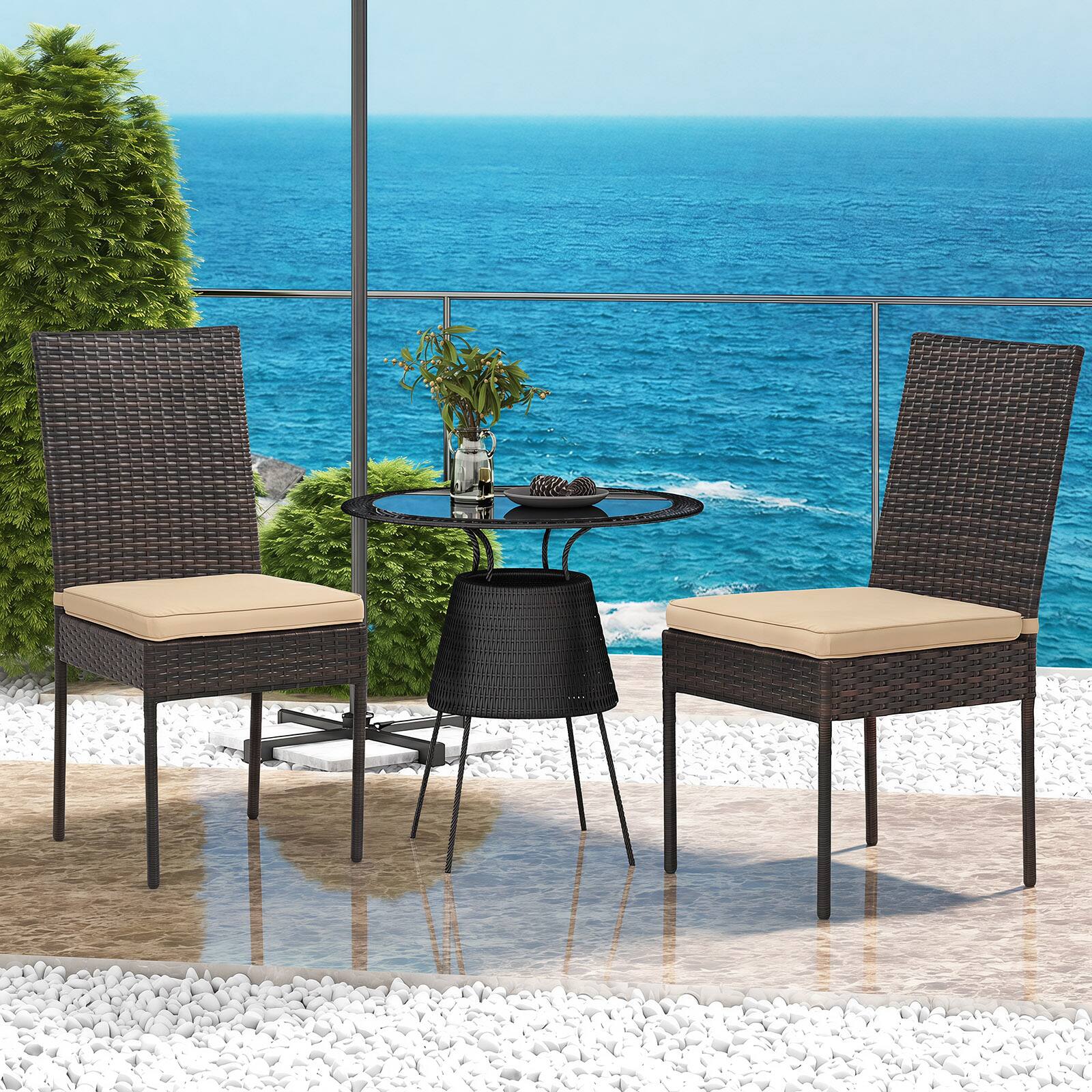 Alt View 4. Costway - Costway PE Wicker Patio Chairs Set of 4, Outdoor Dining Chairs with Cushions, Metal Frame - Brown + Beige.