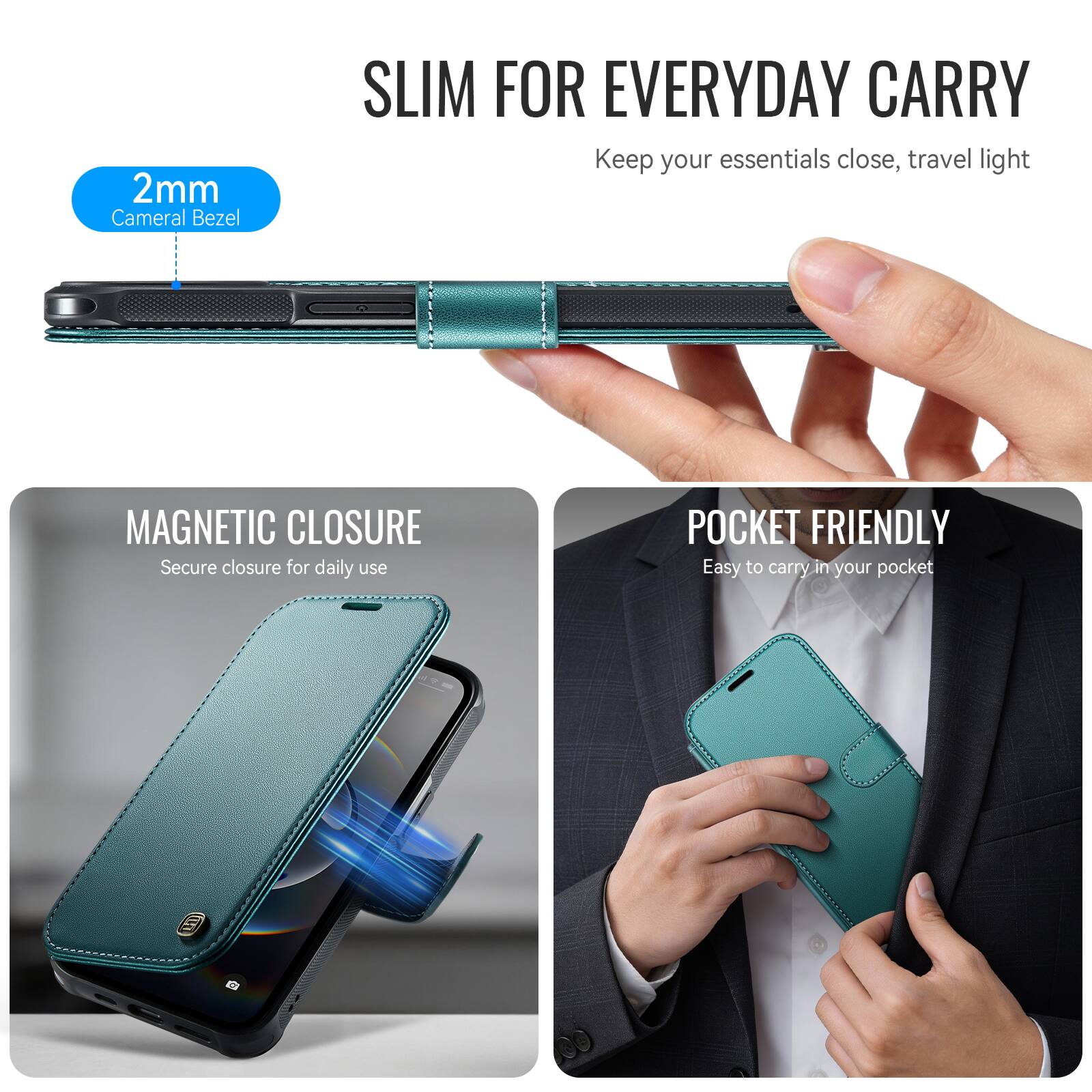 SLIM FOR EVERYDAY CARRY  
Keep your essentials close, travel light

2mm Cameral Bezel

MAGNETIC CLOSURE  
Secure closure for daily use

POCKET FRIENDLY  
Easy to carry in your pocket