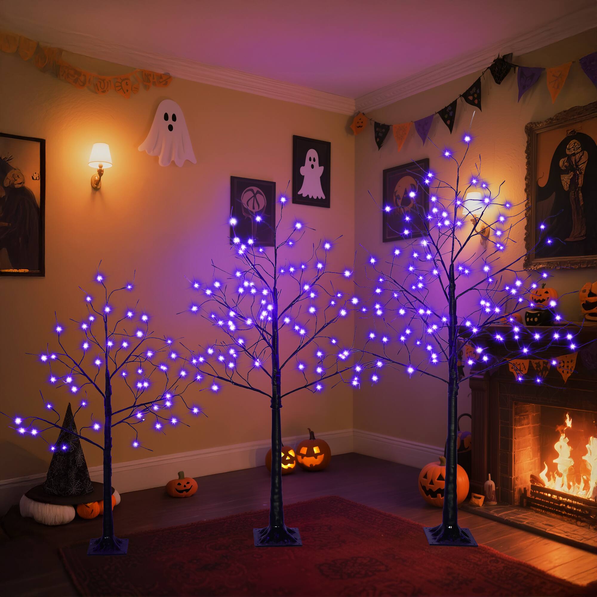 Angle. Tiramisubest - 3 Pac Halloween Spooky Tree with Purple Lights, 4FT 5FT and 6FT, Lighted Black Tree for Halloween Decoration - Black,Purple.