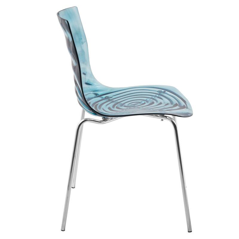 Back. LeisureMod - Set of 2 Astor Plastic Side Dining Chair with Accent Chrome Metal Legs and Ripple Design for Home or Office - Transparent Blue.