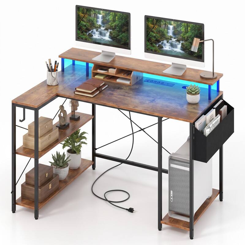 Back. WELLFOR - 48" Computer Desk with LED Lights and Power Outlets, L Shape Desk Gaming Desk with Open Shelf for Home Office - Rustic Brown.