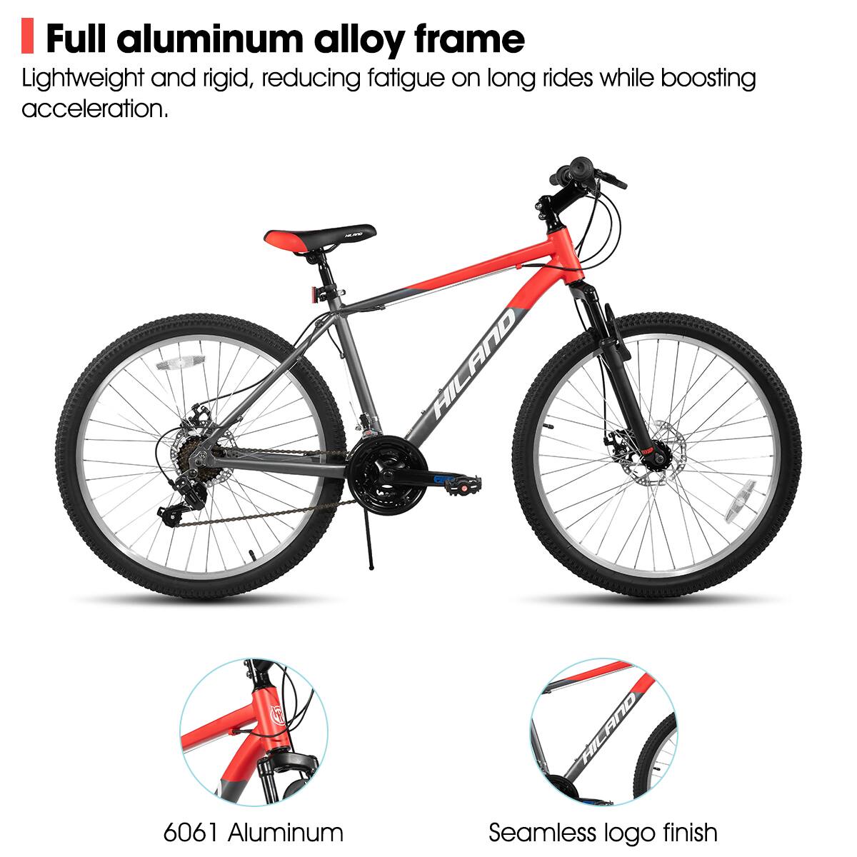 Full aluminum alloy frame  
Lightweight and rigid, reducing fatigue on long rides while boosting acceleration.  

HILAND 7  
HILAND 6061 Aluminum Seamless logo finish