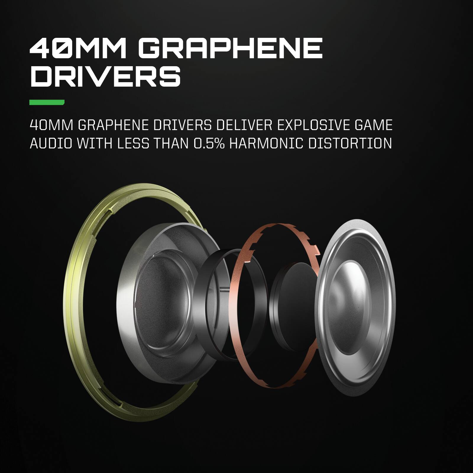 40MM GRAPHENE DRIVERS

40MM GRAPHENE DRIVERS DELIVER EXPLOSIVE GAME AUDIO WITH LESS THAN 0.5% HARMONIC DISTORTION