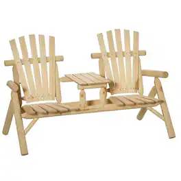 Outsunny - 2-Seat Wooden Adirondack Chair, Patio Bench with Table, Outdoor Loveseat Fire Pit Chair for Porch, Backyard, Deck - Natural