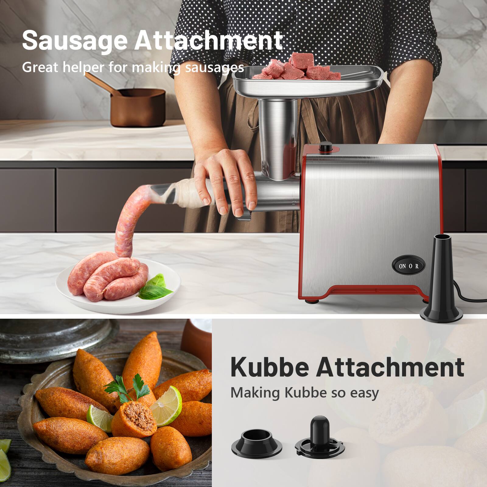 Sausage Attachment  
Great helper for making sausages  

Kubbe Attachment  
Making Kubbe so easy