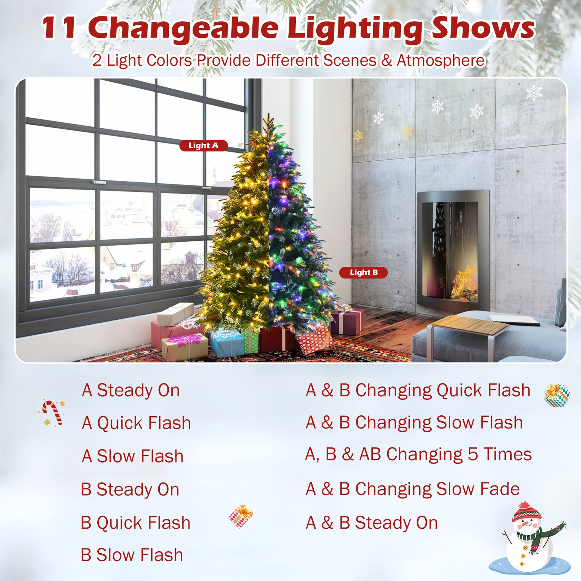 11 Changeable Lighting Shows
2 Light Colors Provide Different Scenes & Atmosphere
Light A: Steady On
Light B: Quick Flash
A & B: Changing Quick Flash
A & B: Changing Slow Flash
A, B & AB: Changing 5 Times
A & B: Changing Slow Fade
A & B: Steady On