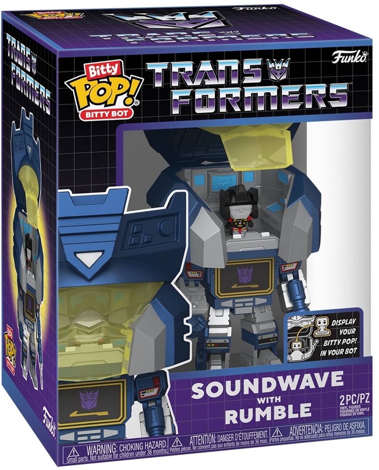 Funko. LM4 Bitty TRANSFORMERS TOP! BITTY BOT 1 FORMERS DISPLAY YOUR BITTY POP! IN YOUR BOT SOUNDWAVE WITH 2PC/PZ VINYL FIGURES FIGURINES LN VINYLE RUMBLE FIGURAS DE VINIL  DANGER D'ETOUFFEMENT. ADVERTENCIA: No es adecuado para PELIGRO niños menores DE ASFIXIA 36 meses. ATTENTION: de 36 mois. Partes pequeas. HAZARD enfants de moins CHOKING e convient pas BX WARNING: Small parts. Not suitable for children under 36 Pettes pieces.